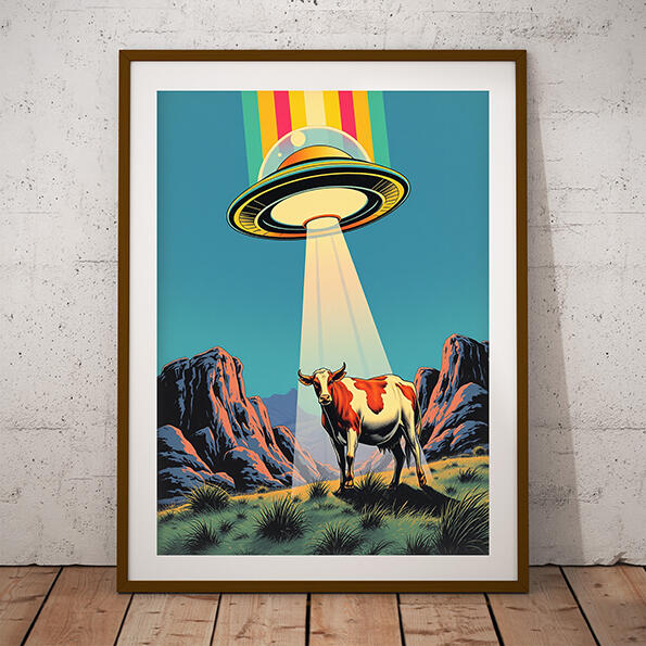 Cow Alien Abduction Retro Poster Cow Alien Abduction Retro Poster