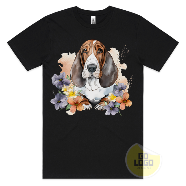 Cute BASSET HOUND DOG Puppy Floral Watercolour T-Shirt