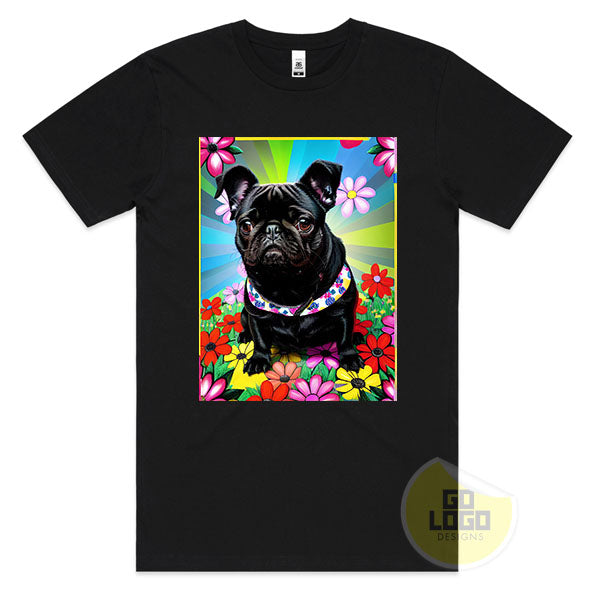 Funny BLACK PUG DOG Floral Cute T-Shirt Gift Idea