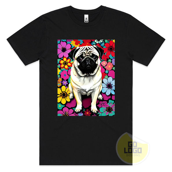 Funny WHITE PUG DOG Floral Cute T-Shirt Gift Idea