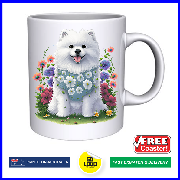 Floral Samoyed Dog Coffee Mug & Coaster Set