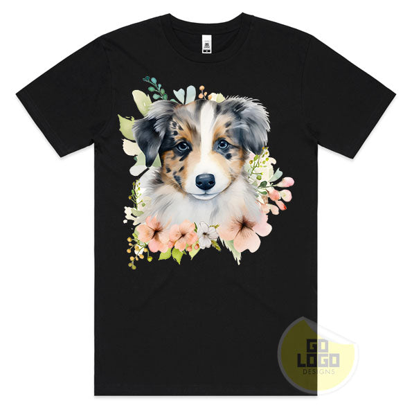 Cute AUSTRALIAN SHEPHERD DOG Puppy Floral Watercolour T-Shirt