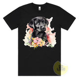 Cute BLACK LAB DOG Labrador Puppy Floral Watercolour T-Shirt