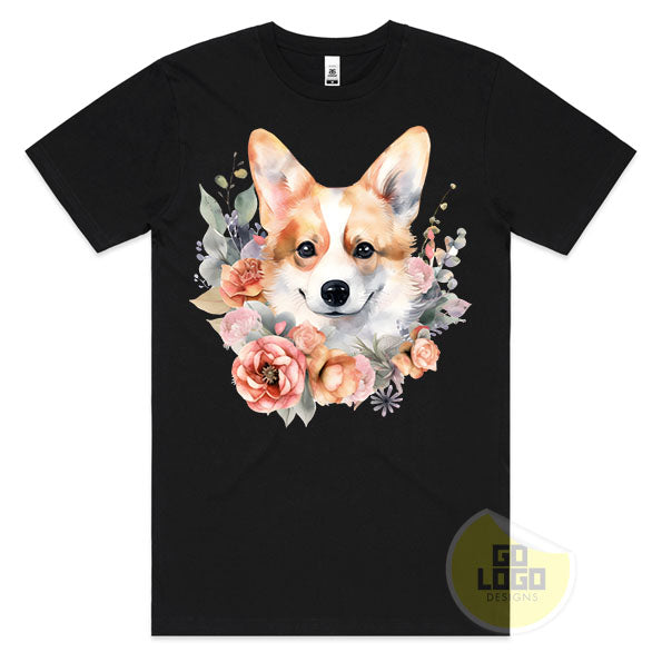 Cute CORGI DOG Puppy Floral Watercolour T-Shirt