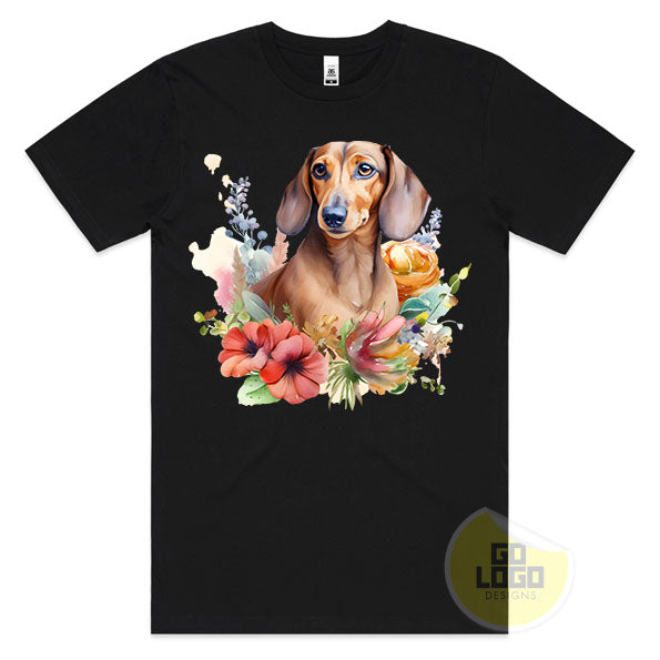 Cute DACHSHUND SAUSAGE DOG Puppy Floral Watercolour T-Shirt