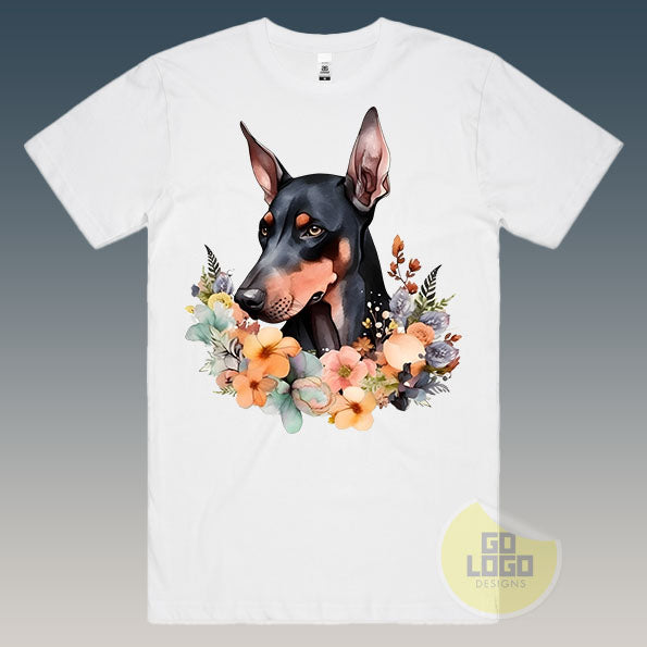 Cute DOBERMAN PINSCHER DOG T-Shirt Puppy Floral Watercolour Tee