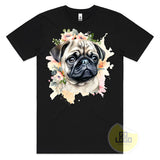 Cute PUG DOG Puppy Floral Watercolour T-Shirt
