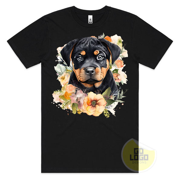Cute ROTTWEILER ROTTIE DOG Puppy Floral Watercolour T-Shirt
