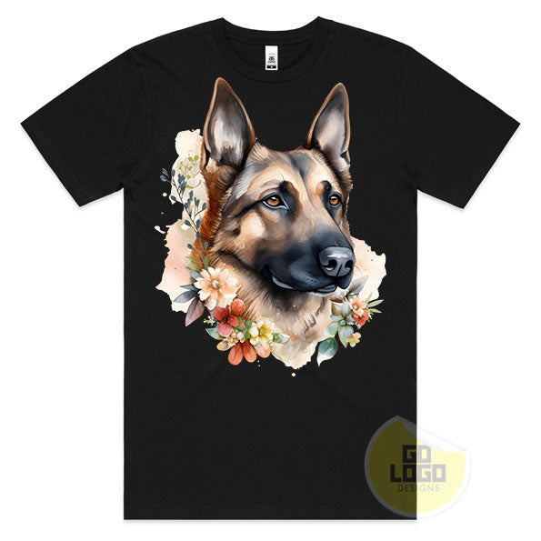 Cute GERMAN SHEPHERD GSD Dog Puppy Floral Watercolour T-Shirt