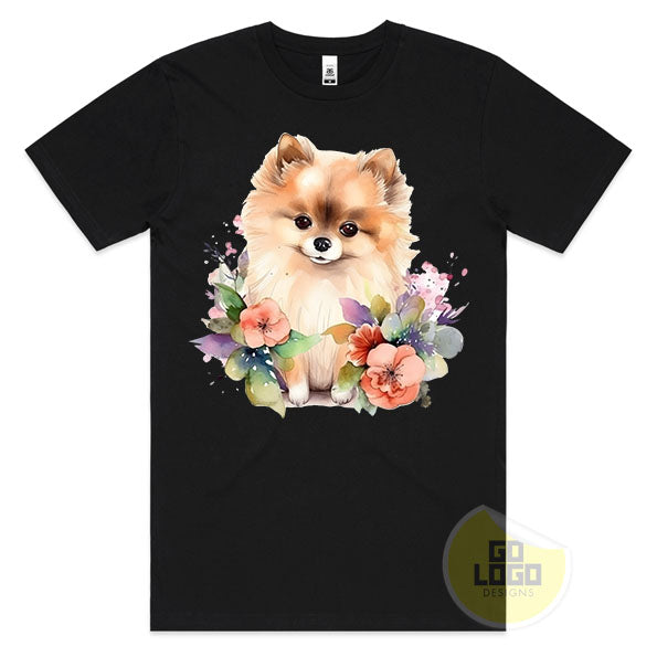 Cute POMERANIAN DOG Pom Pom Puppy Floral Watercolour T-Shirt