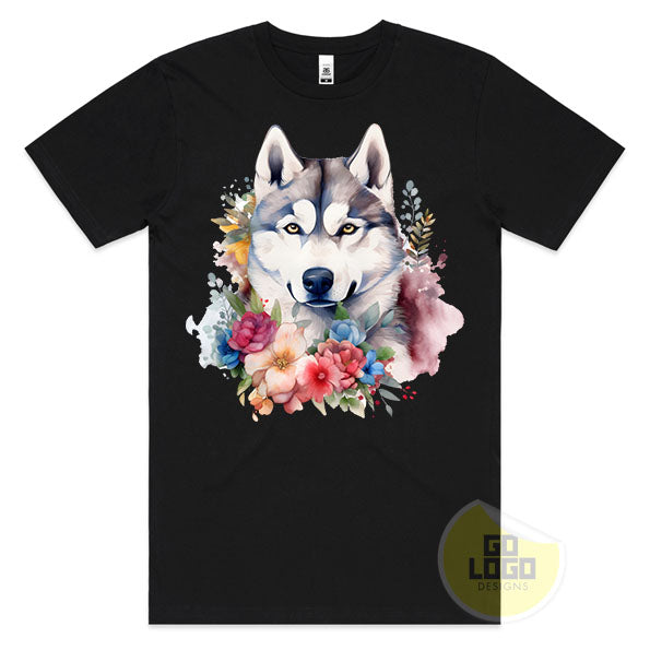 Cute SIBERIAN HUSKY DOG Puppy Floral Watercolour T-Shirt
